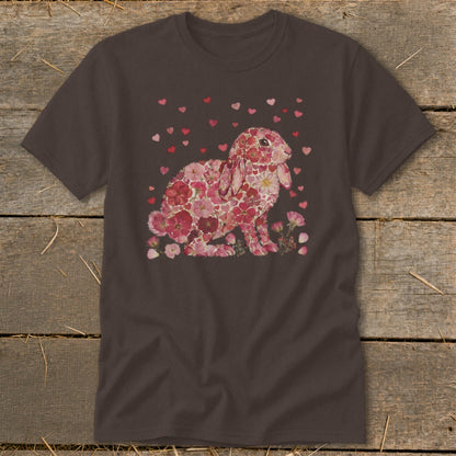 Brown t-shirt with a pink floral bunny and scattered red hearts.