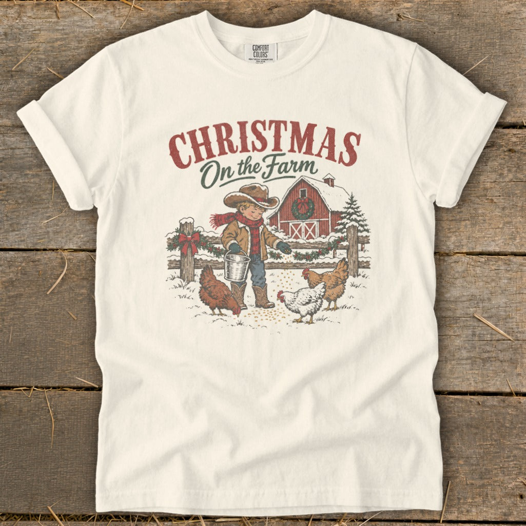 Christmas on the Farm graphic with boy, chickens, and barn.
