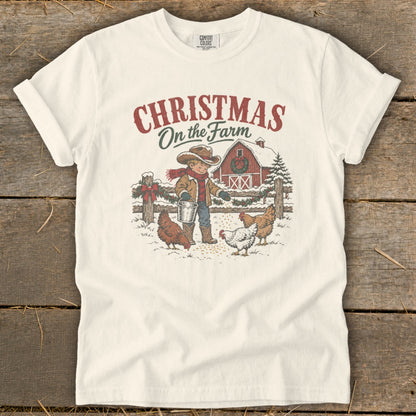 Christmas on the Farm graphic with boy, chickens, and barn.