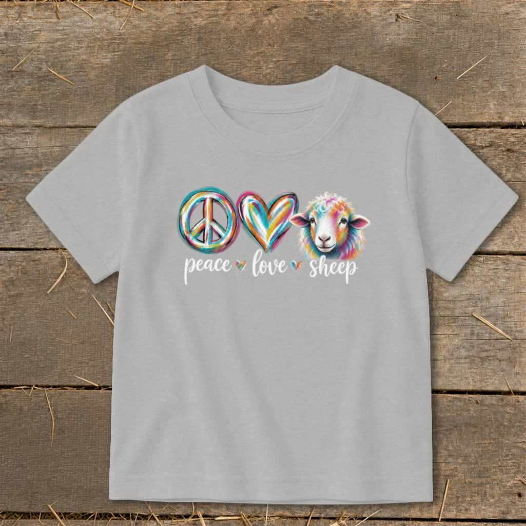 Gray t-shirt with a peace sign, heart, and colorful sheep, text reads "peace love sheep".
