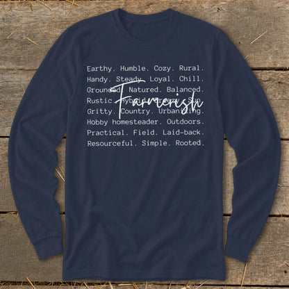 Navy long sleeve shirt with "Farmerish" and descriptive words.