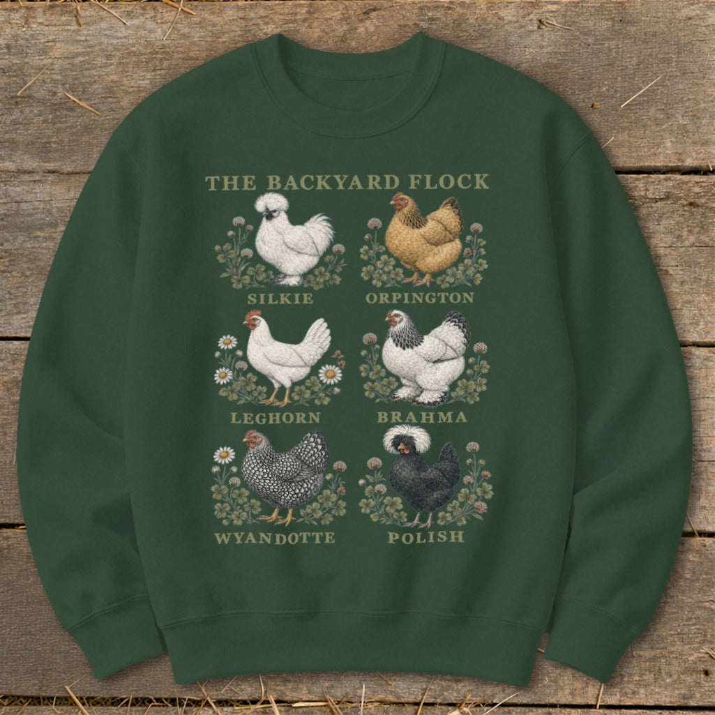 Green sweatshirt with "The Backyard Flock" and six chicken illustrations with breed names.