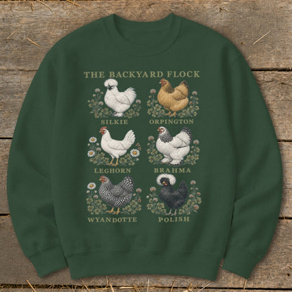 Green sweatshirt with "The Backyard Flock" and six chicken illustrations with breed names.
