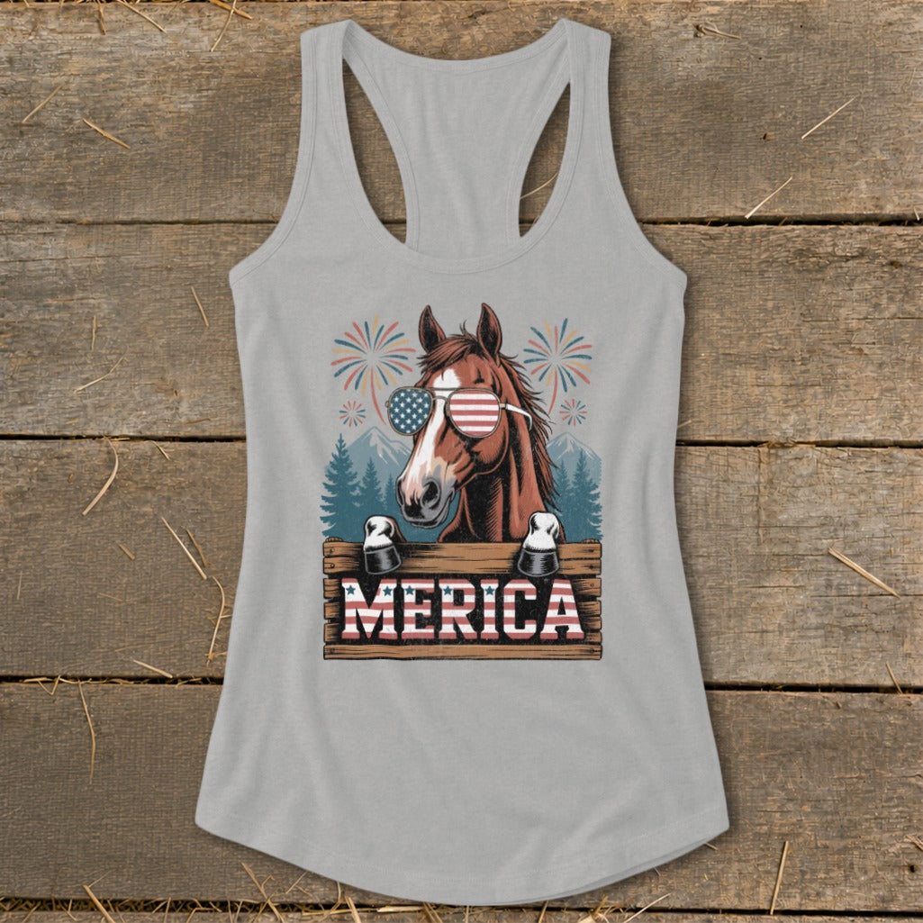 Horse wearing American flag sunglasses with fireworks and "MERICA" text.
