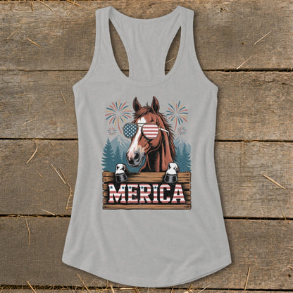 Horse wearing American flag sunglasses with fireworks and "MERICA" text.