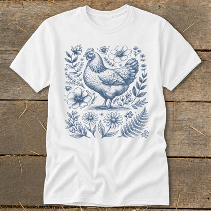 White t-shirt with blue chicken and floral illustration.