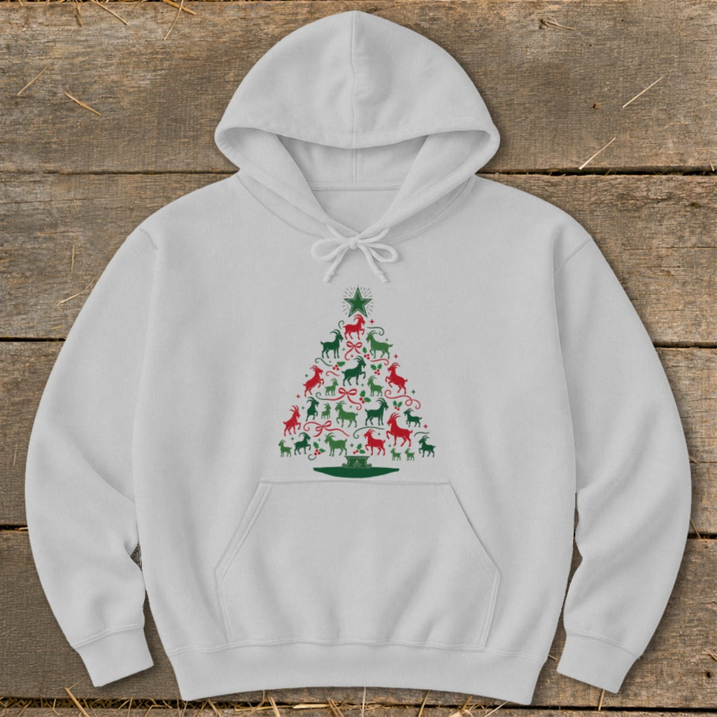 White hoodie with a Christmas tree made of red and green goats and bows.