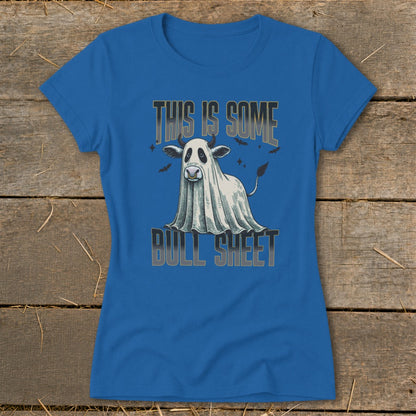Blue t-shirt with "This is some bull sheet" text and a cow in a ghost costume.
