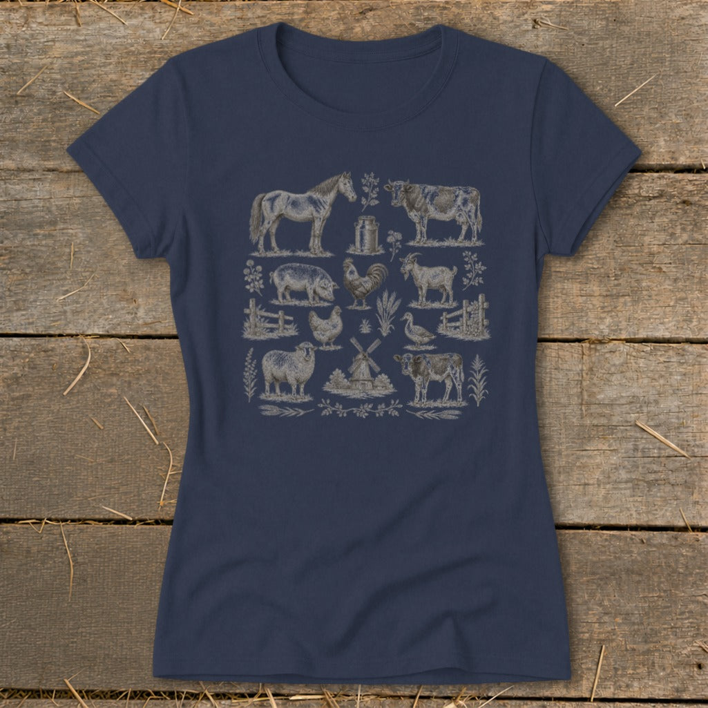 Navy t-shirt with a vintage-style farm animal and windmill illustration pattern.