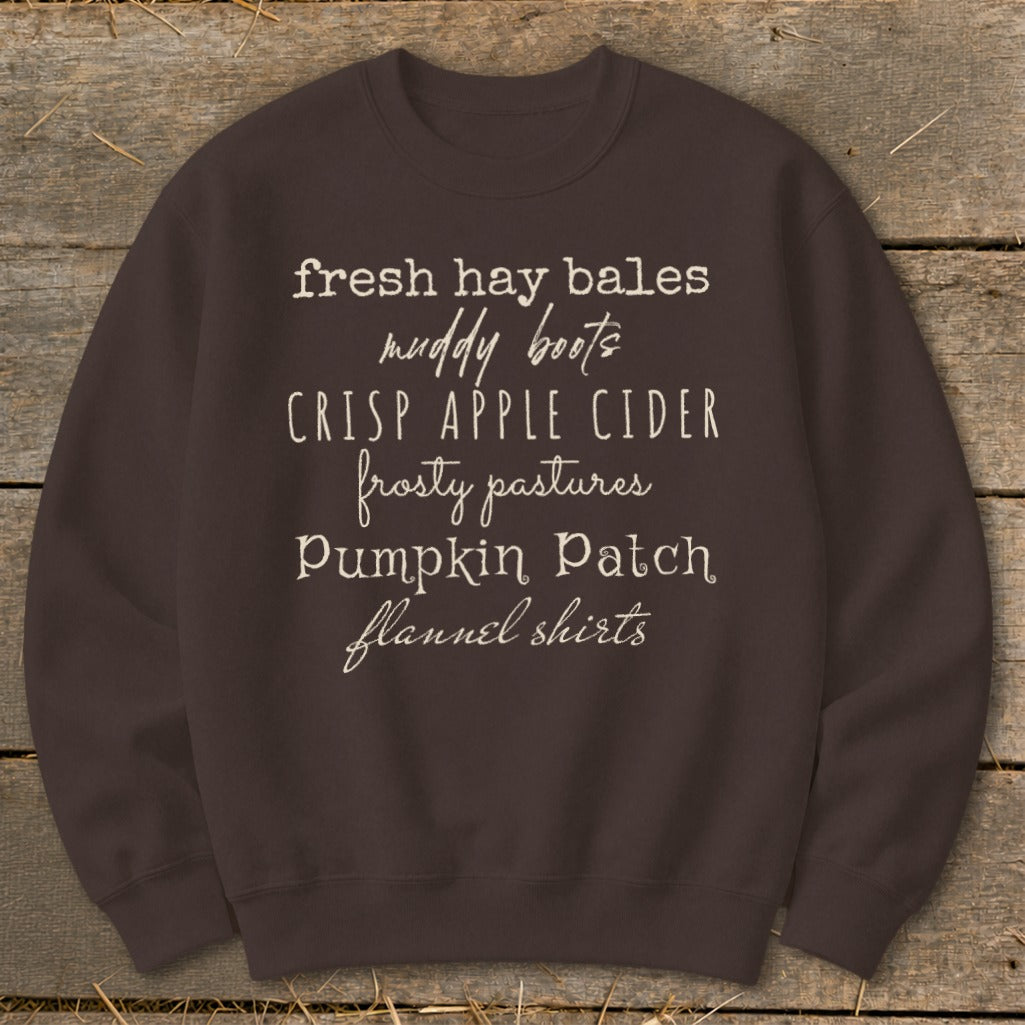 Brown sweatshirt with list of fall phrases in white text.