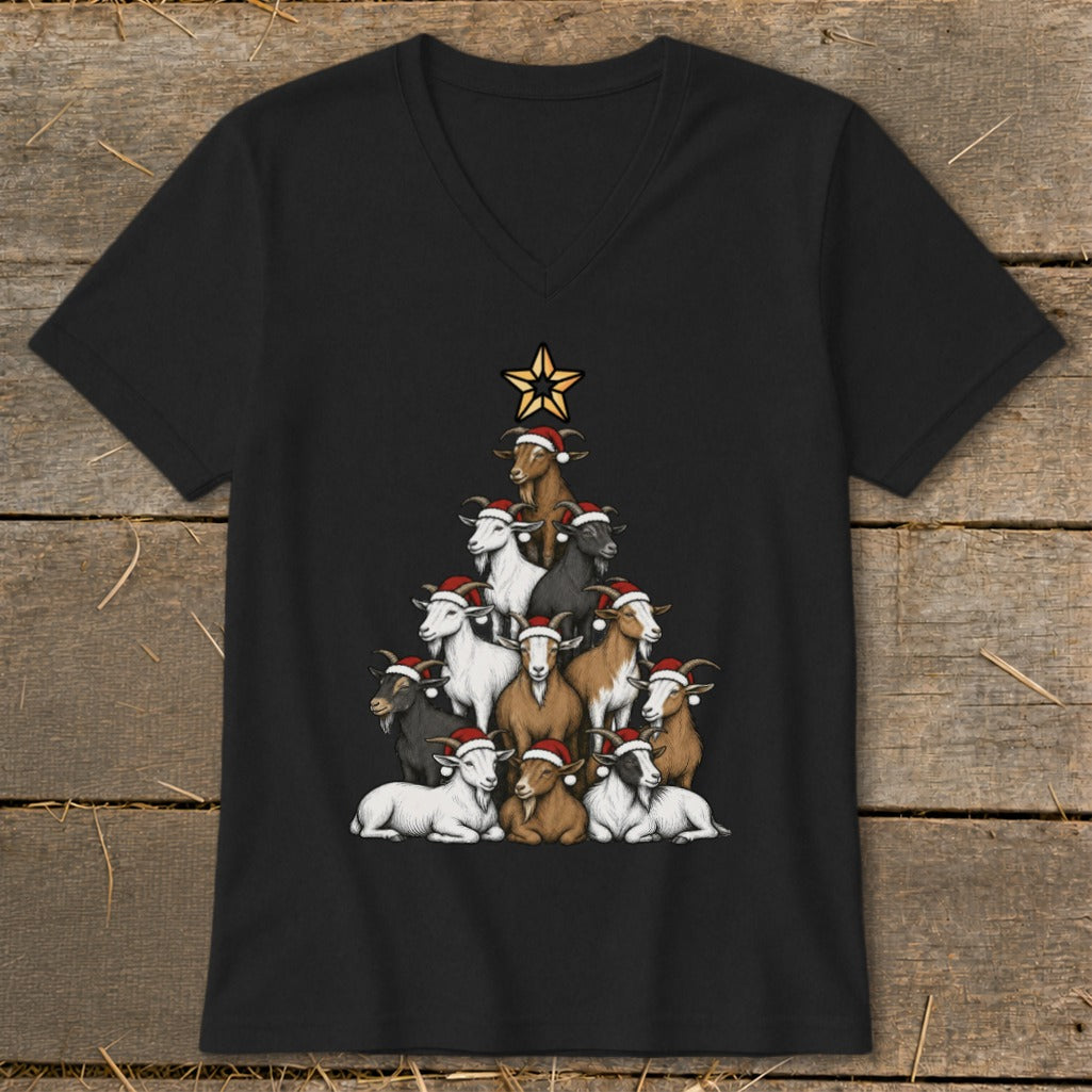Black t-shirt with a Christmas tree made of goats wearing Santa hats.