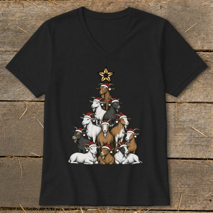 Black t-shirt with a Christmas tree made of goats wearing Santa hats.