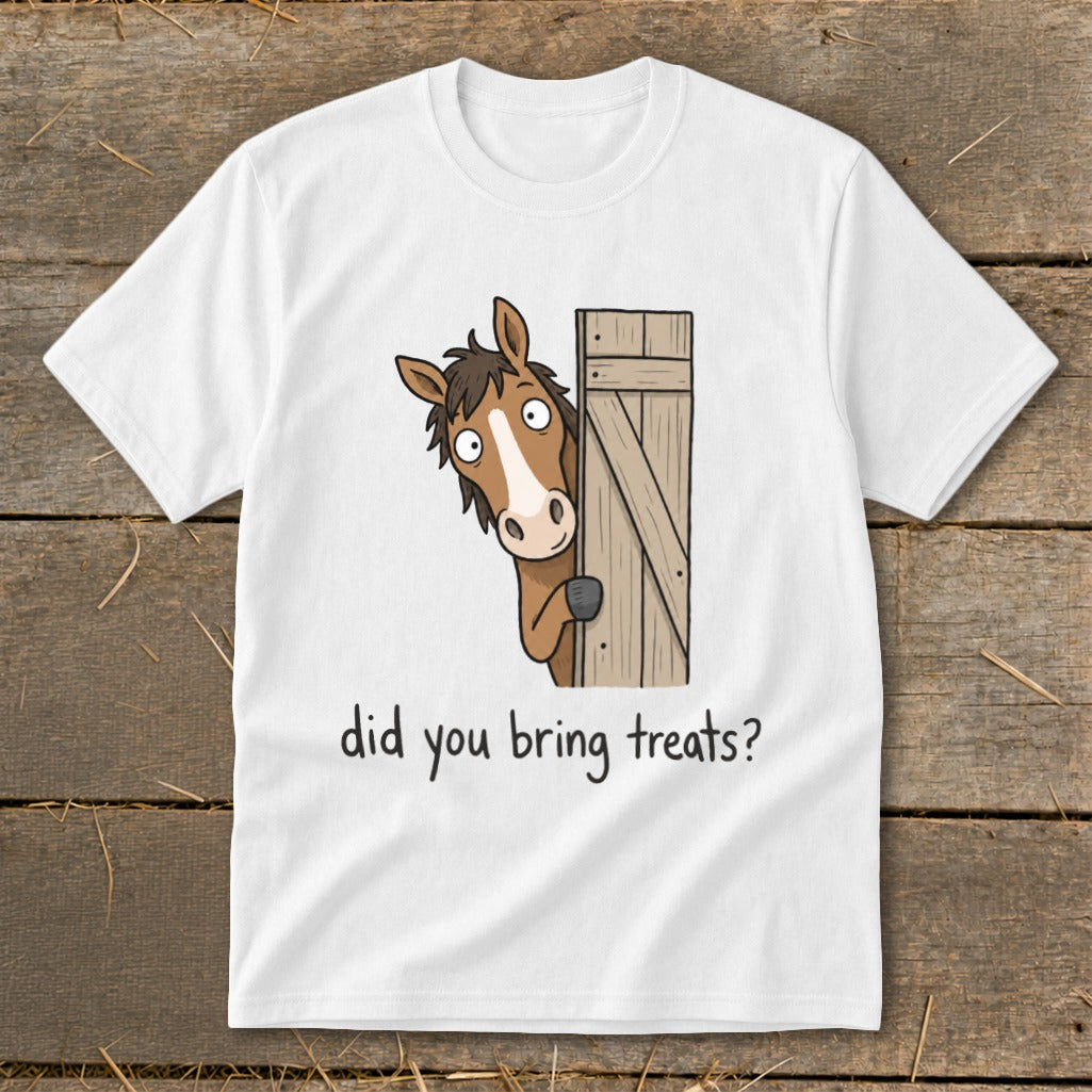 White t-shirt with cartoon horse peeking from behind a wooden door, asking "did you bring treats?".