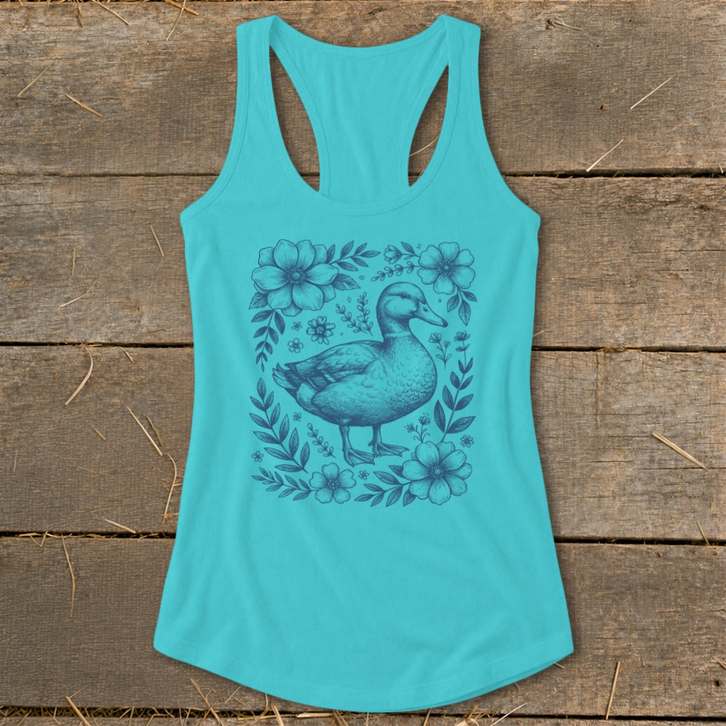 Turquoise tank top with a blue duck and floral illustration on the front.