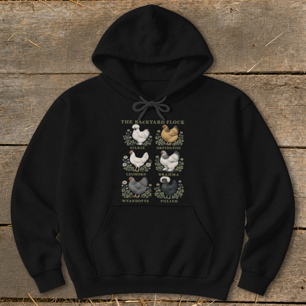 Black hoodie with "The Backyard Flock" graphic featuring six chicken breeds.