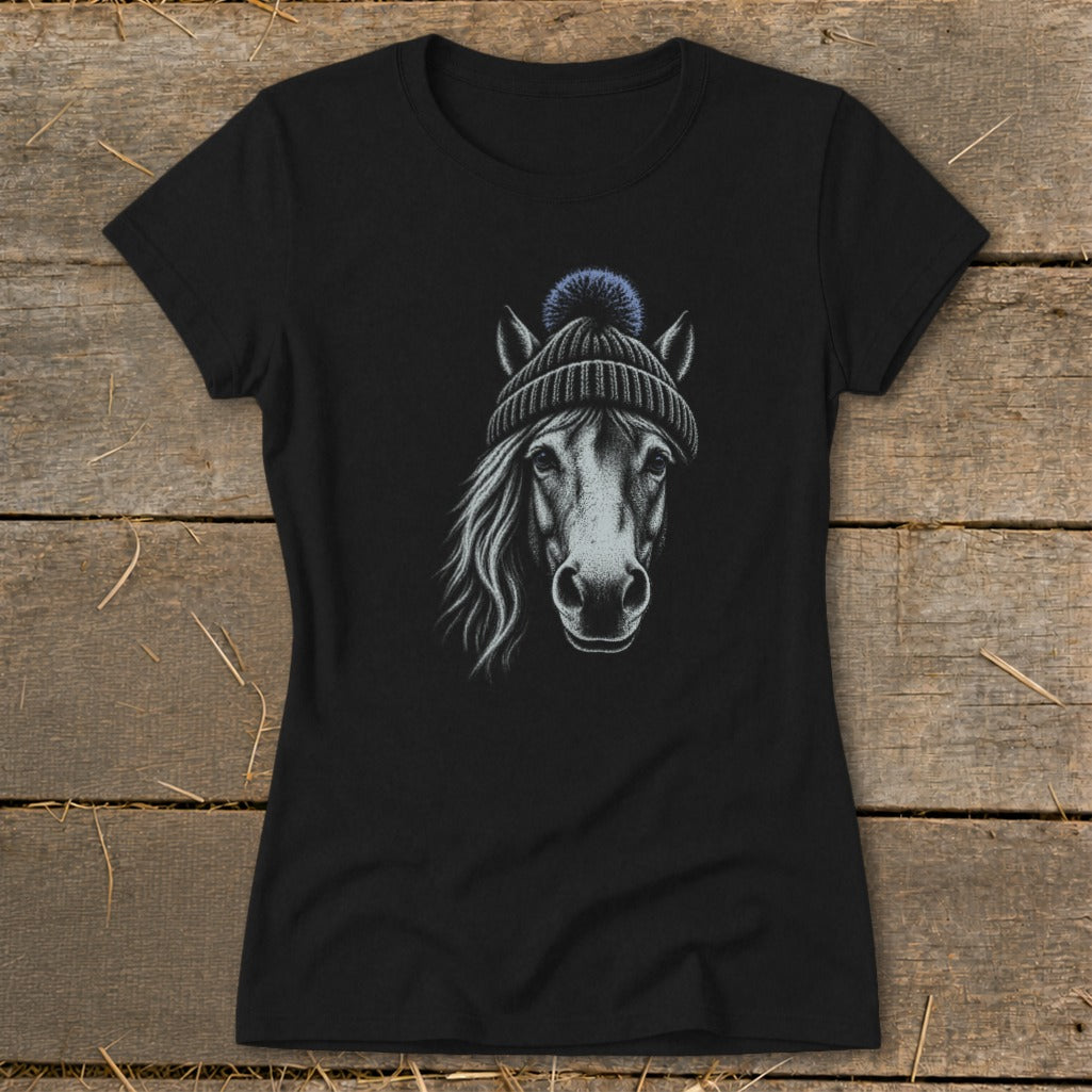 Black t-shirt with a grey horse head wearing a beanie and pom pom.