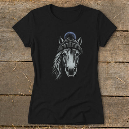 Black t-shirt with a grey horse head wearing a beanie and pom pom.
