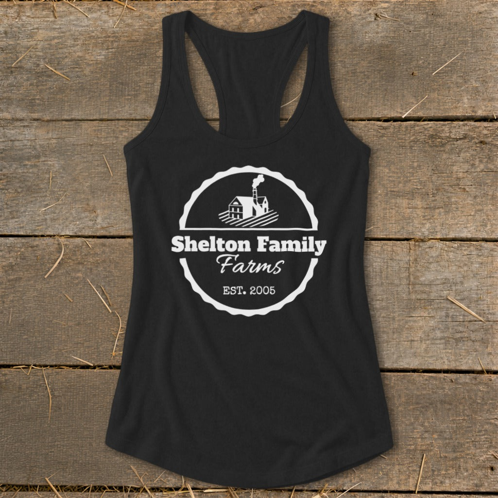 Black tank top with white Shelton Family Farms Est. 2005 logo.