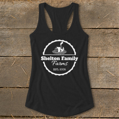 Black tank top with white Shelton Family Farms Est. 2005 logo.