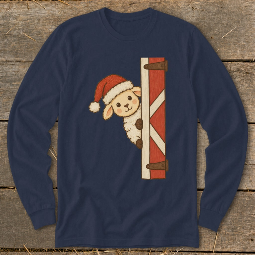 Sheep wearing a Santa hat peeking from behind a barn door.
