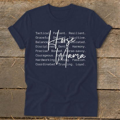 Navy t-shirt with "Horse Mama" and descriptive words like patient, resilient, and loyal.