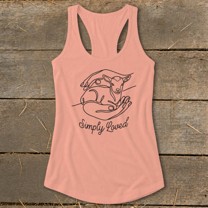 Peach tank top with line drawing of hands holding a lamb and text "Simply Loved".