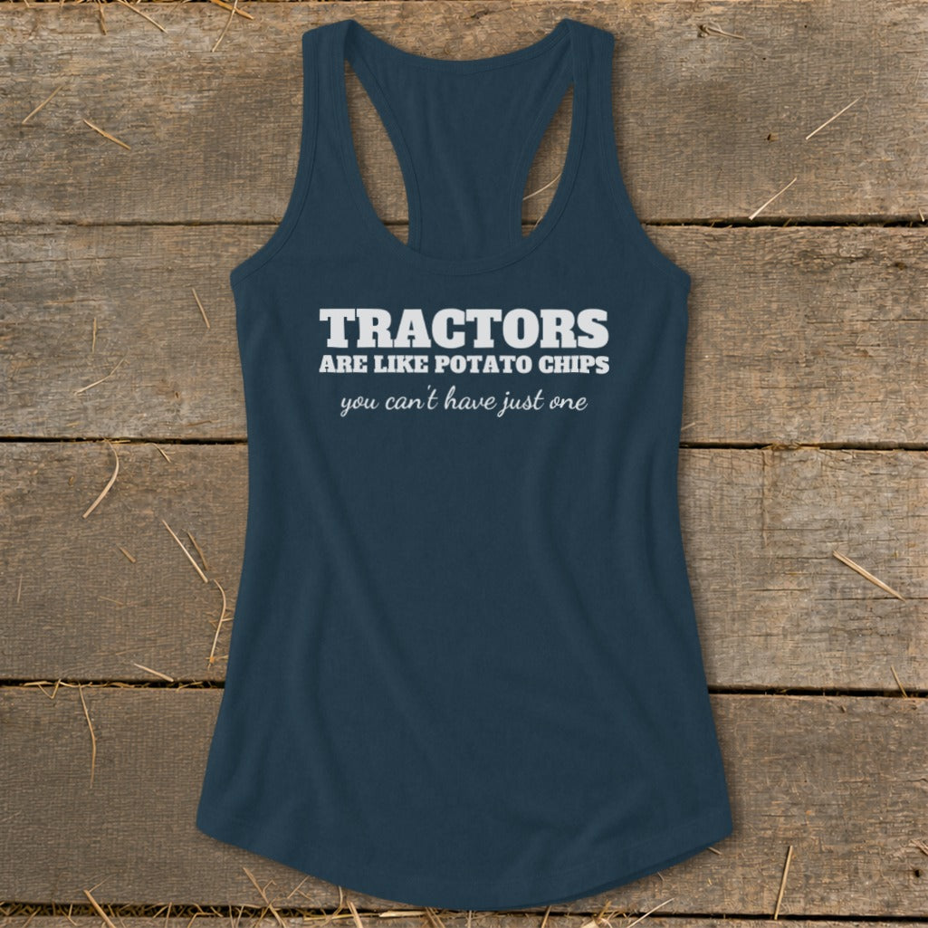 Navy tank top with text "Tractors are like potato chips you can't have just one."