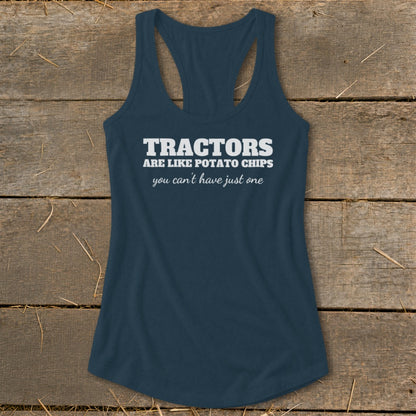 Navy tank top with text "Tractors are like potato chips you can't have just one."