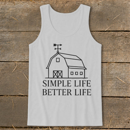 White tank top with a line drawing of a barn and text "SIMPLE LIFE BETTER LIFE".