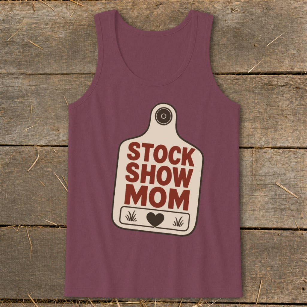 Maroon tank top with "Stock Show Mom" text and a heart.