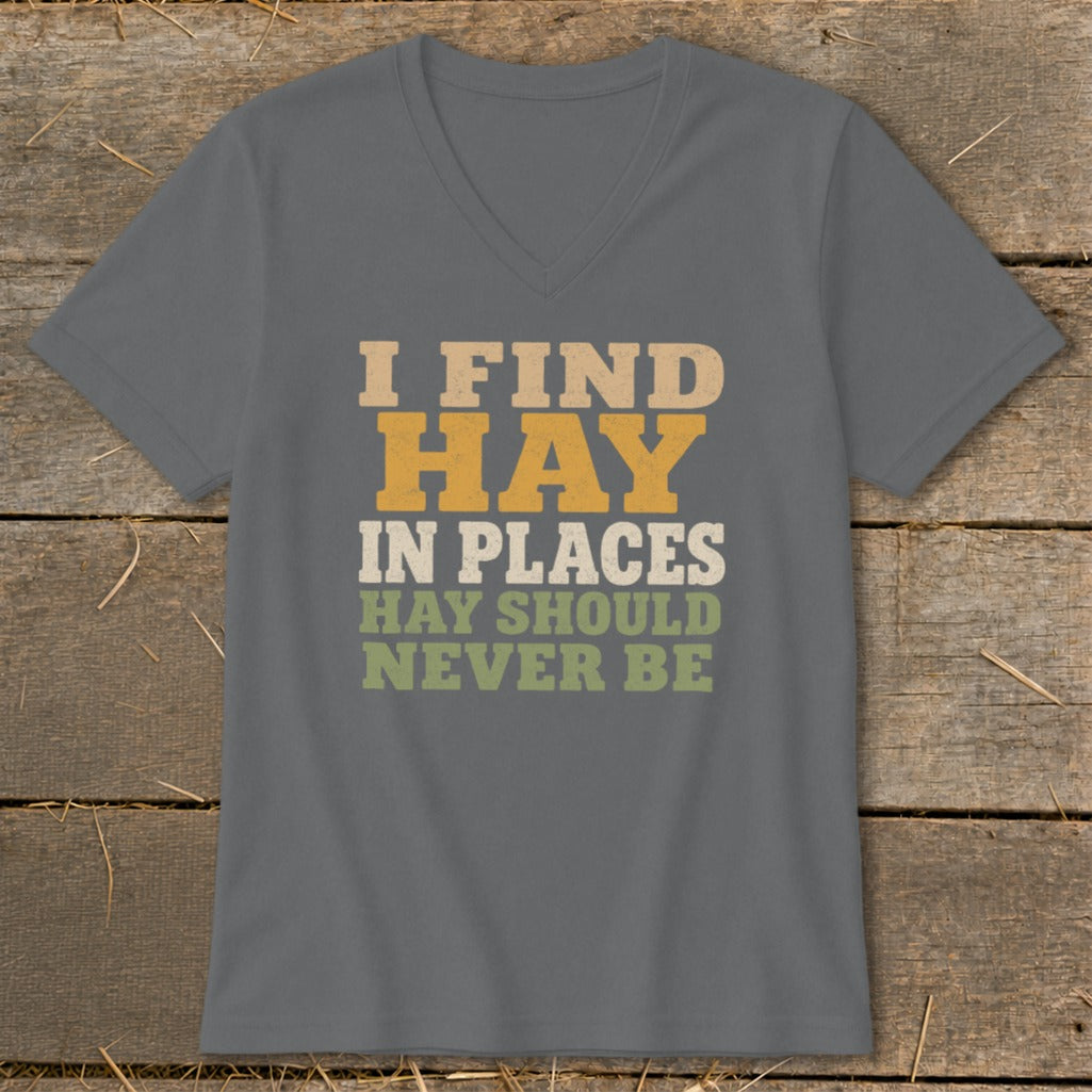 Gray t-shirt with text: "I FIND HAY IN PLACES HAY SHOULD NEVER BE".