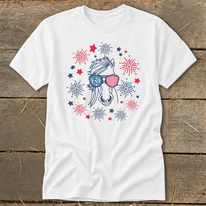 White t-shirt with a horse wearing American flag sunglasses surrounded by fireworks.