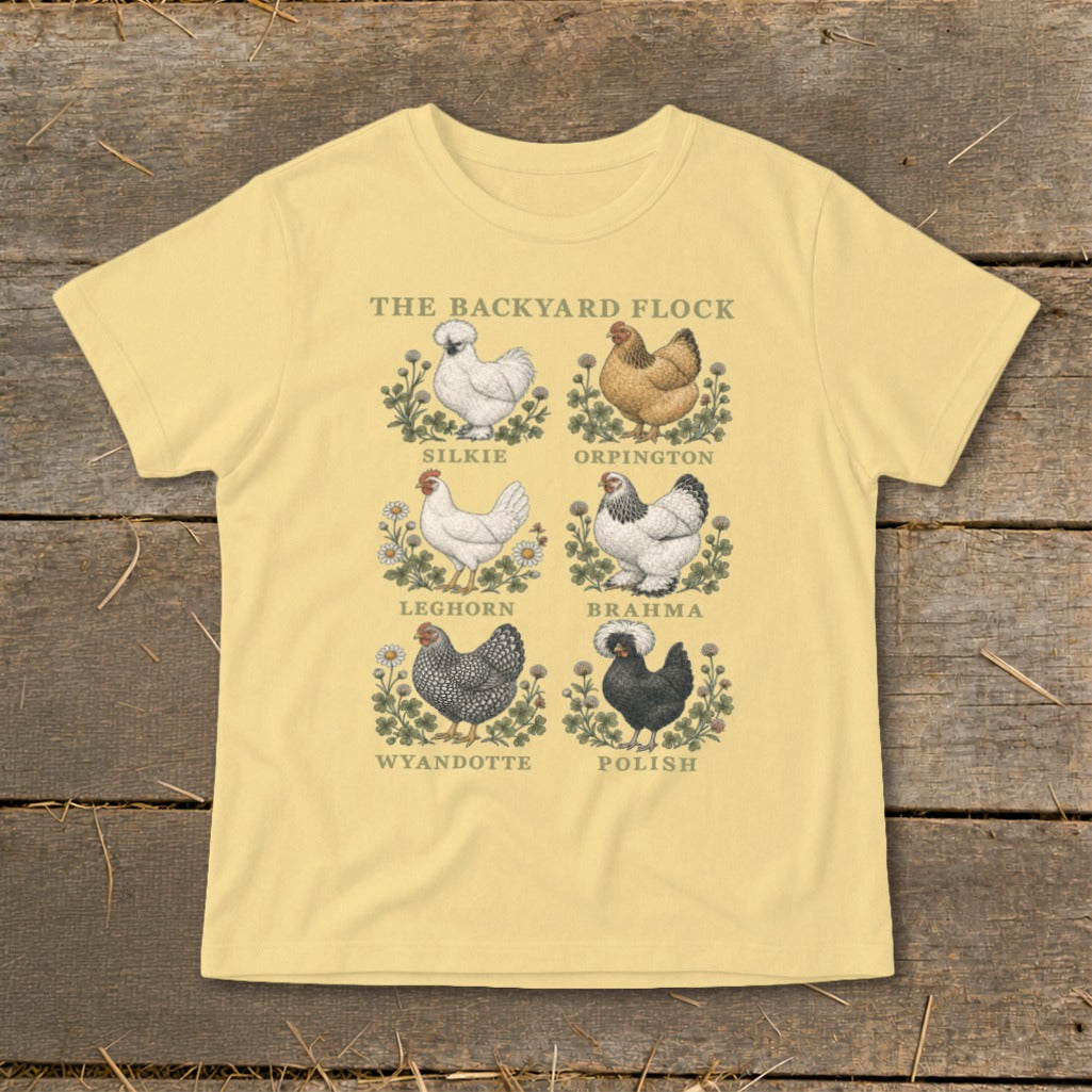 The Backyard Flock t-shirt features illustrations of six chicken breeds.