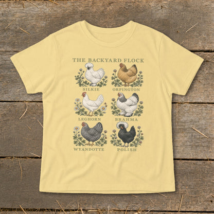 The Backyard Flock t-shirt features illustrations of six chicken breeds.