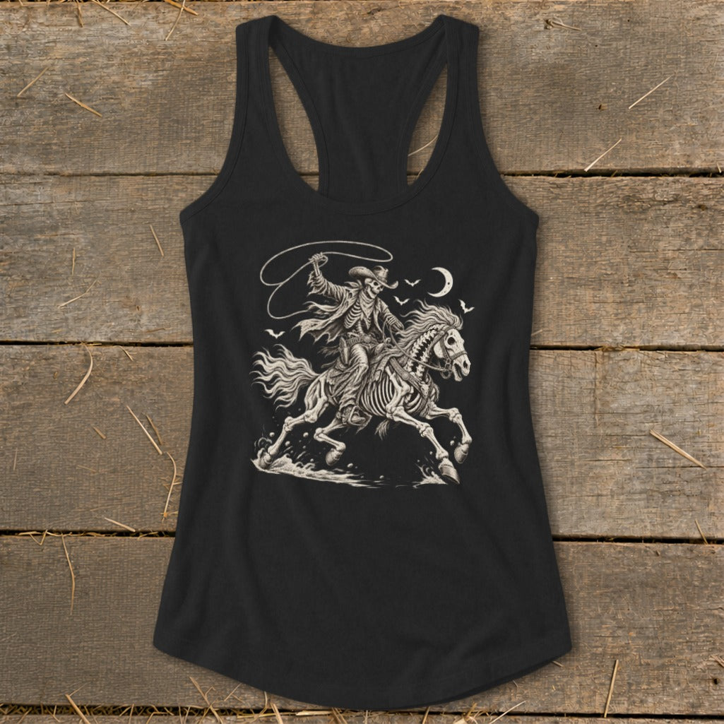 Skeleton cowboy on horseback with lasso under a crescent moon and birds.