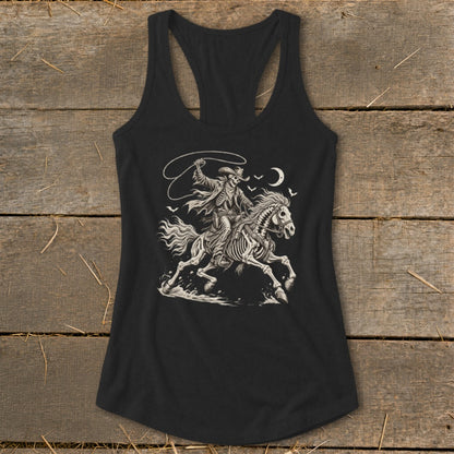 Skeleton cowboy on horseback with lasso under a crescent moon and birds.