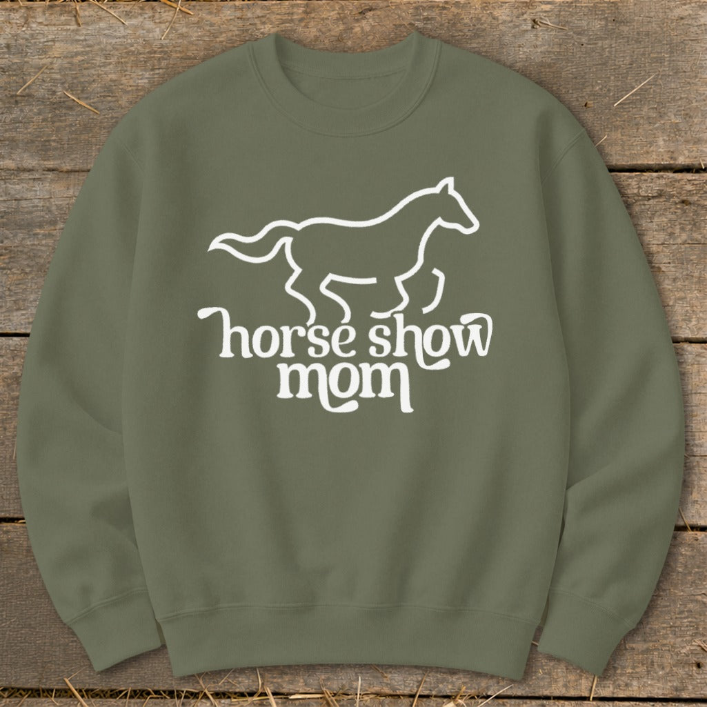 Olive green sweatshirt with white horse graphic and "horse show mom" text.