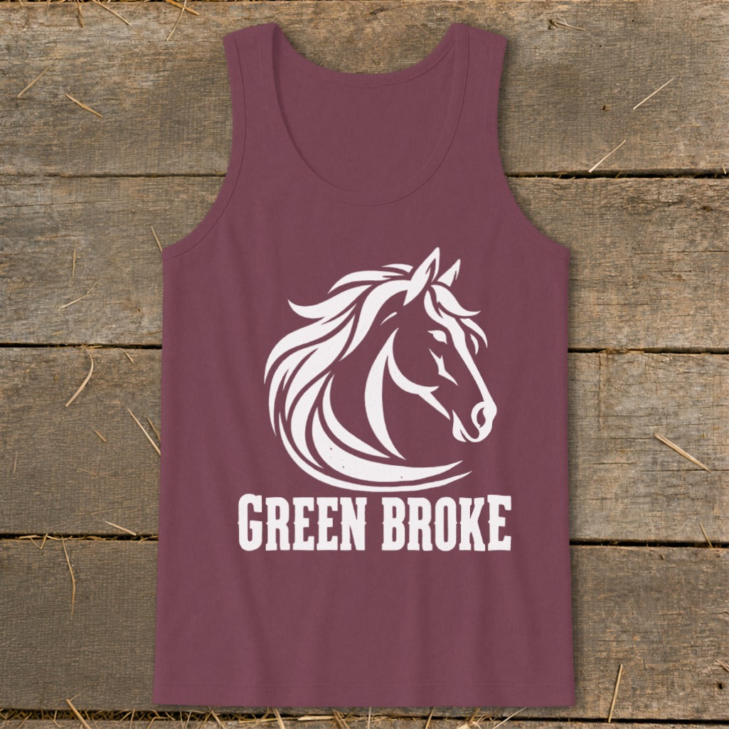 A maroon tank top with a white horse head graphic and the text GREEN BROKE.