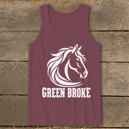 A maroon tank top with a white horse head graphic and the text GREEN BROKE.