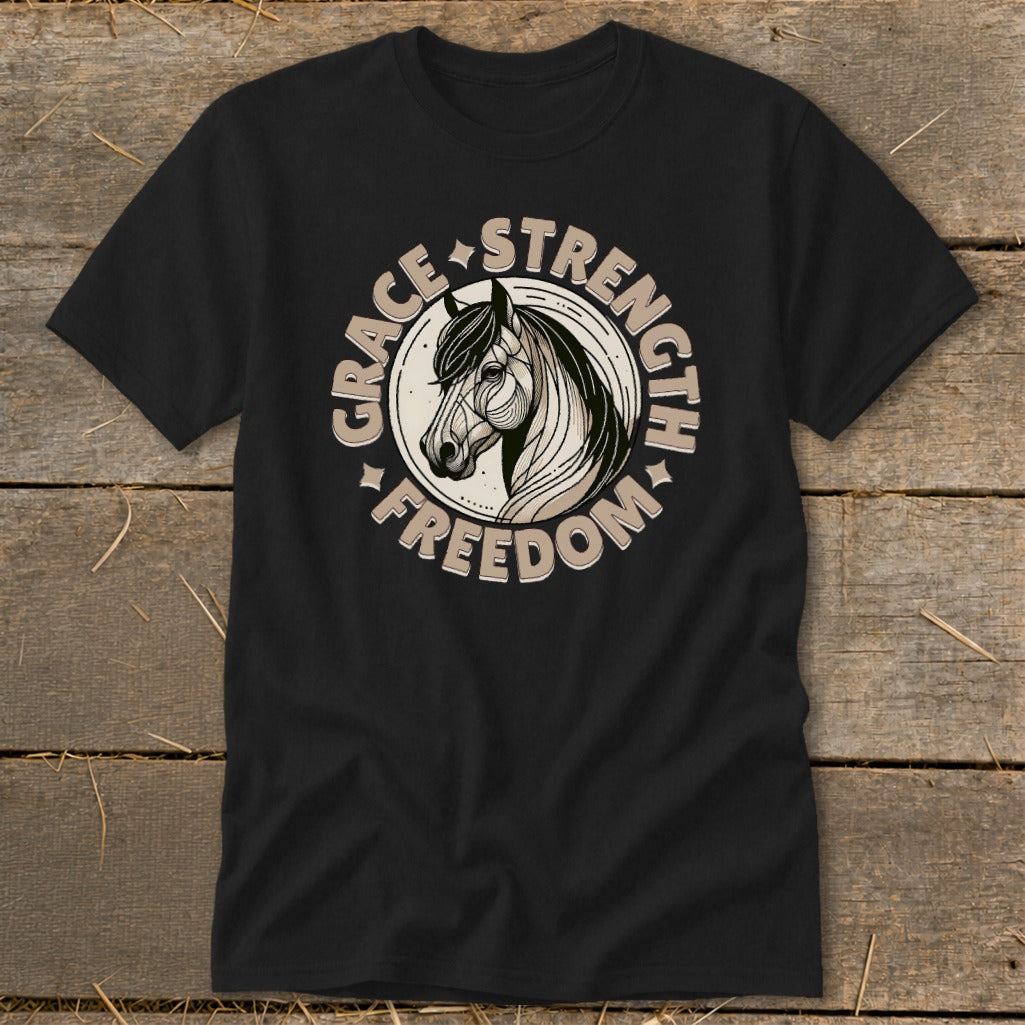 Black t-shirt with a horse head illustration surrounded by the words Grace, Strength, and Freedom.