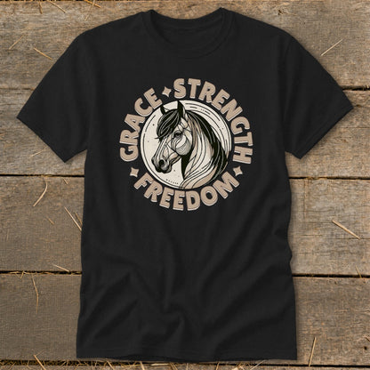 Black t-shirt with a horse head illustration surrounded by the words Grace, Strength, and Freedom.