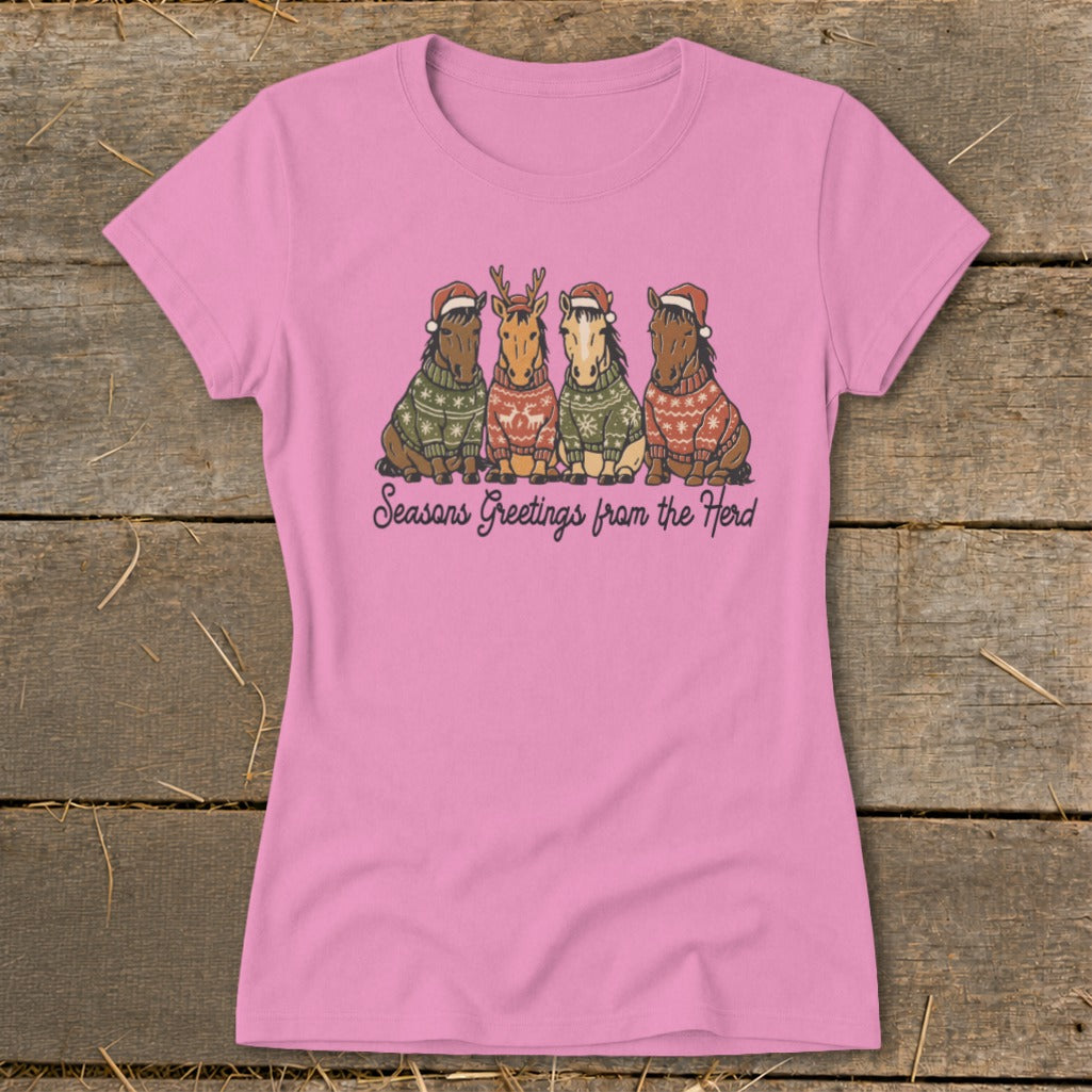 Pink t-shirt with "Seasons Greetings from the Herd" text and four horses in Christmas sweaters.