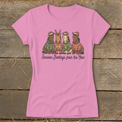 Pink t-shirt with "Seasons Greetings from the Herd" text and four horses in Christmas sweaters.