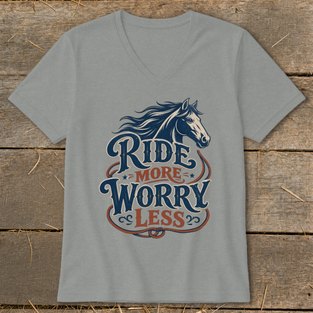 Grey v-neck t-shirt with "Ride More Worry Less" text and horse graphic.