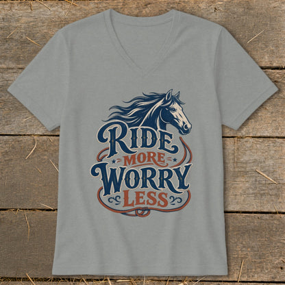 Grey v-neck t-shirt with "Ride More Worry Less" text and horse graphic.
