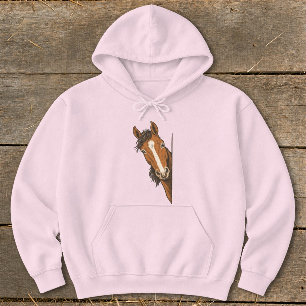 Light pink hoodie with a brown horse head peeking from the side.