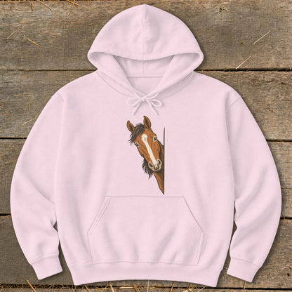 Light pink hoodie with a brown horse head peeking from the side.
