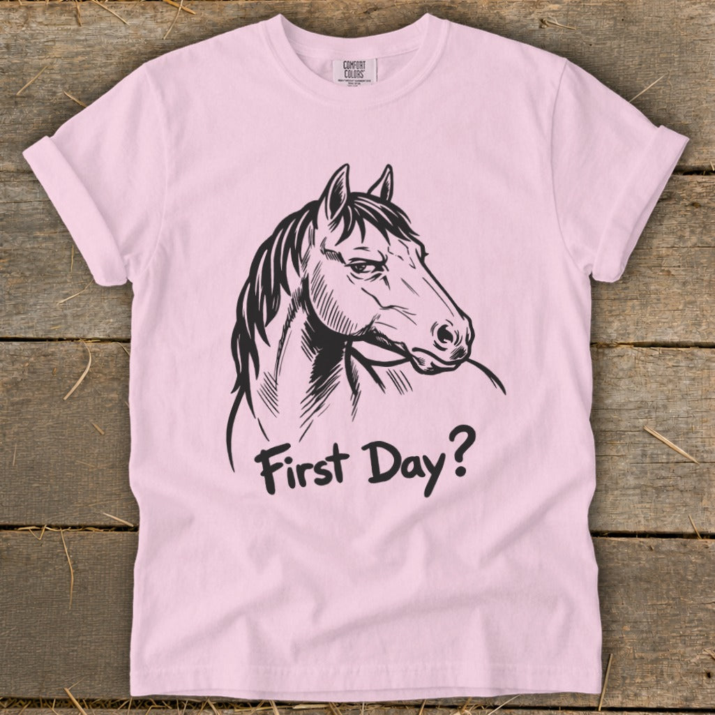 Pink t-shirt with black horse head and "First Day?" text.
