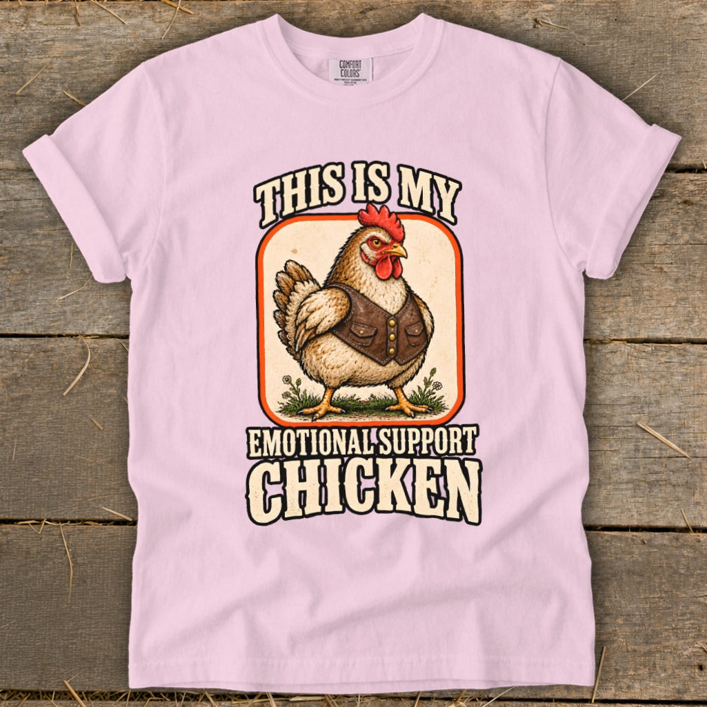 Pink t-shirt with a chicken wearing a vest and text "This is My Emotional Support Chicken".