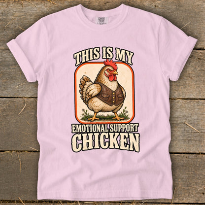 Pink t-shirt with a chicken wearing a vest and text "This is My Emotional Support Chicken".